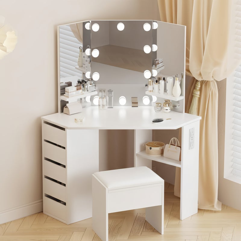 Sharpdo Bedroom Dressing Table and Stool Set, With 3 Mirrors and LED 3-Color Lighting - Image 3